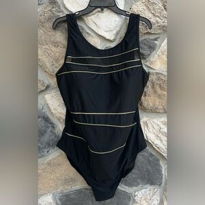 St. Johns Bay Black One Piece Swimsuit Sz 22W Gold Detail Slimming Built In Bra